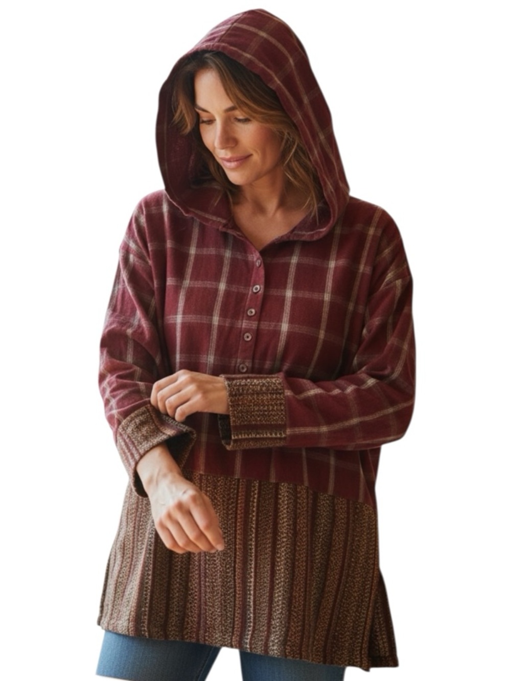 ODDY Button Plaid Long Sleeve Pullover Hoodie